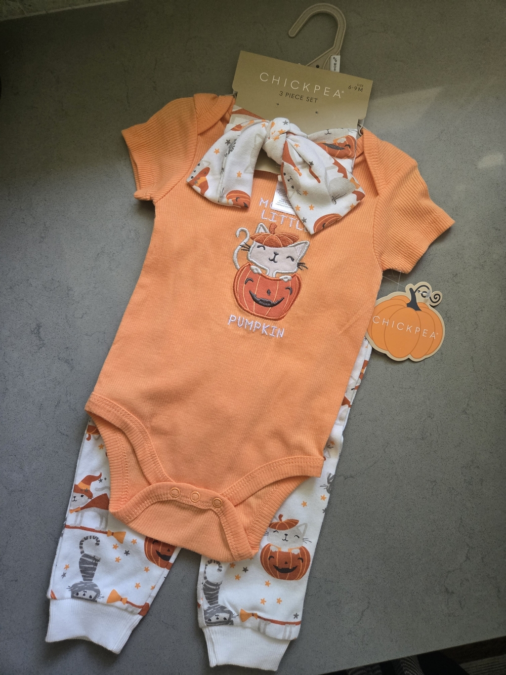 Chick Pea Orange 'Little Pumpkin' Baby Halloween 3-Piece Set, 6-9mo